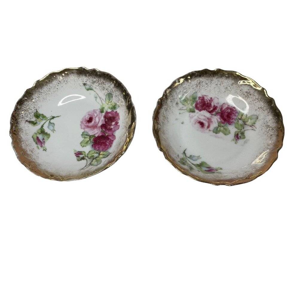 2 Vtg Berry Bowls Porcelain Gold Gilt Rose Print 5.25” Unmarked